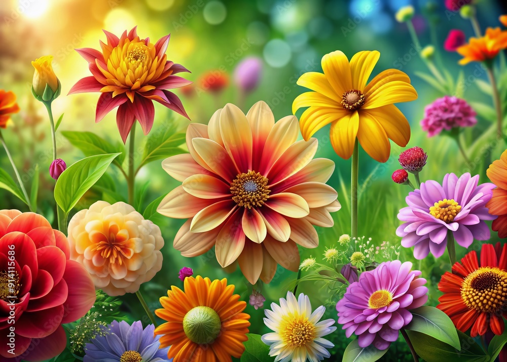 Poster vibrant colorful floral macro background featuring intricate illustration of blooming summer flowers