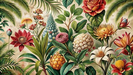 Whimsical vintage botanical illustrations of exotic flowers, foliage, and trees adorned with ornate details and distressed textures, evoking a nostalgic sense of elegance and refinement.