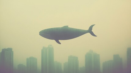 A giant whale floats gracefully above a foggy cityscape during twilight