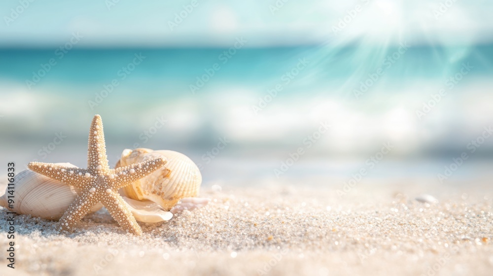 Poster a tropical beach features a starfish and shells resting on soft sand with gentle waves in the backgr
