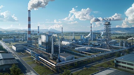Obraz premium Industrial Complex with Smoke Stacks and Pipes, 3D Illustration