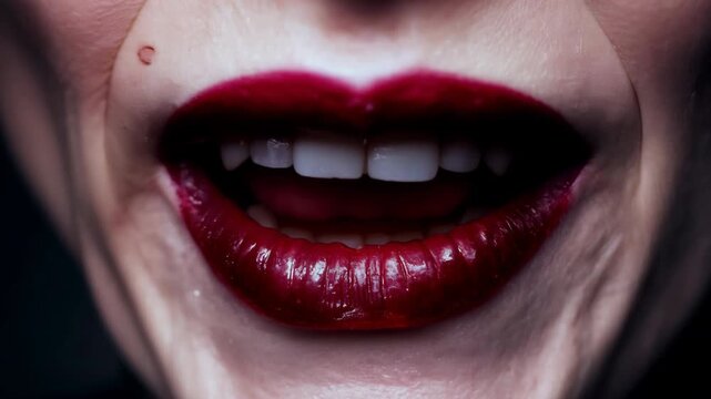 Vampire woman close up want to bite and drink blood. Bright red lipstick. Sharp fangs of female predator. Dangerous girl smiles evilly. White teeth closeup.