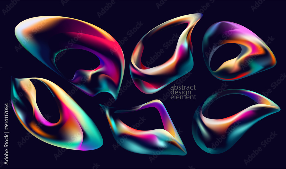 Poster set of iridescent fluid shapes and bubbles. collection of colorful vector design elements.
