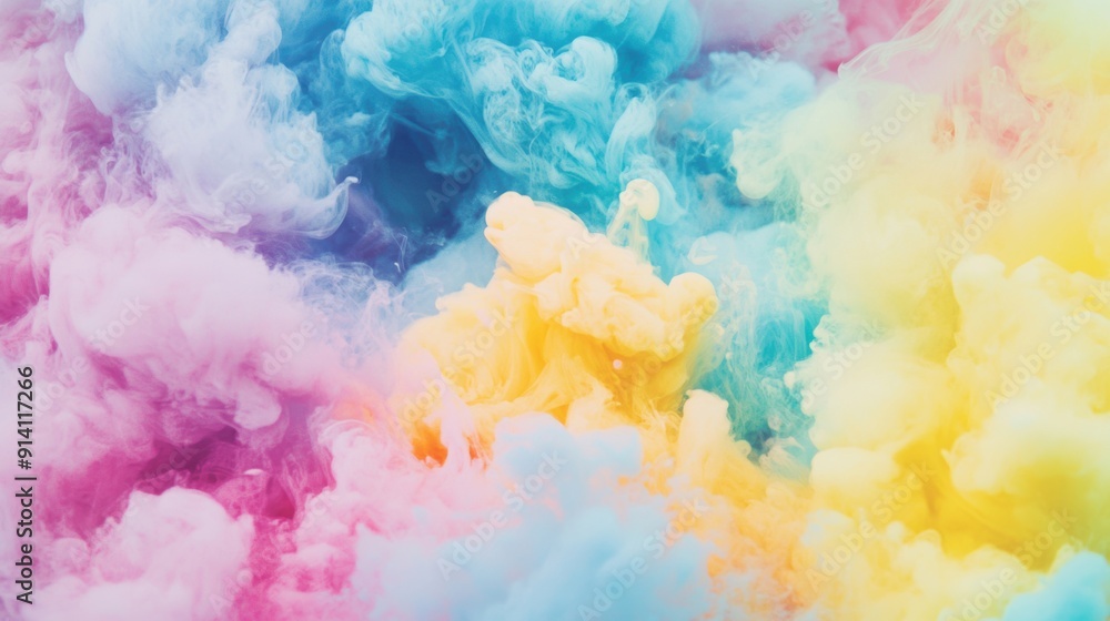 Poster colorful ink clouds swirl and blend in water, creating a mesmerizing abstract display of vibrant hue