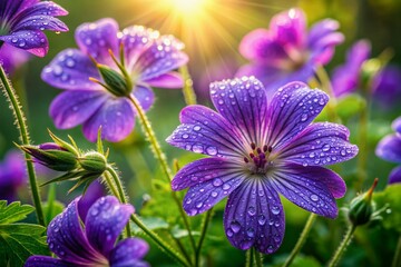 Fototapeta premium Droplets of rain cling to delicate petals of vibrant violet flowers, glistening in morning dew, amidst lush green foliage, creating a serene and peaceful atmosphere.