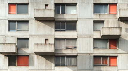 Concrete Facade with Red Doors and Balconies