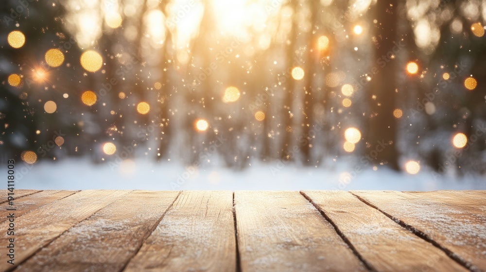 Poster a rustic wooden table in a winter forest glimmers with lights and snow as dawn breaks, creating a ma