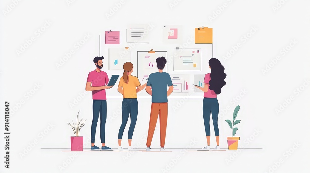 Poster modern management team evaluating workflow and project timelines in minimalist flat illustration sty