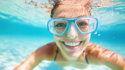 Fototapeta premium A woman swims happily underwater in a clear blue pool, with sunlight filtering through the water