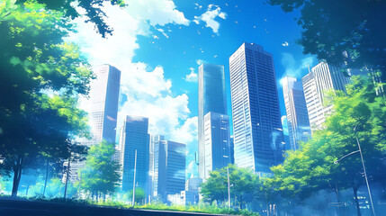 Obraz premium Sunny day in a vibrant city center with tall buildings, green trees, and blue sky, depicted in anime style. High detail and bright colors enhance the lively urban atmosphere, with natural lighting and