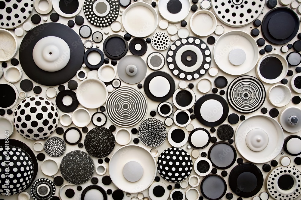 Poster abstract composition of numerous black and white circles of varying sizes arranged artfully on a pur