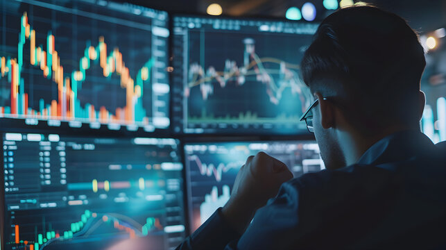 Trader analyzing stock market charts with various technical analysis tools to make future predictions.