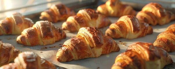Freshly baked croissants on a baking tray, 4K hyperrealistic photo