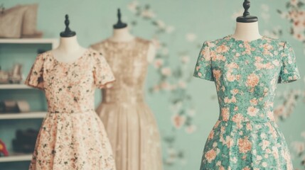 Obraz premium Stylish floral dresses are showcased on mannequins in a boutique with a soft pastel background