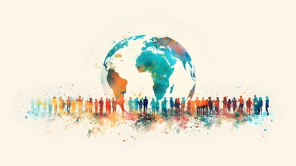 Watercolor Illustration of People Standing in Front of Earth Globe Representing Global Community, Diversity, and Unity.