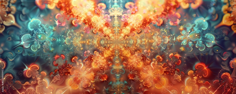 Poster fractal patterns expanding infinitely into a kaleidoscope of colors and shapes, 4k hyperrealistic ph