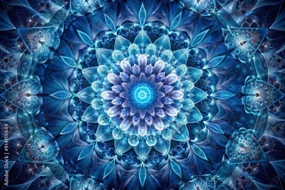 Poster intricate blue mandala features concentric flower patterns at its center, surrounded by a kaleidosco