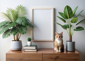 Fototapeta premium Sleek white Scandinavian interior showcases modern minimalism with a cat-adorned mock-up poster frame, lush tropical leaf, and books, surrounded by crisp empty space.