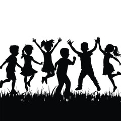 Joyful Children Jumping and Celebrating on Grass Silhouettes