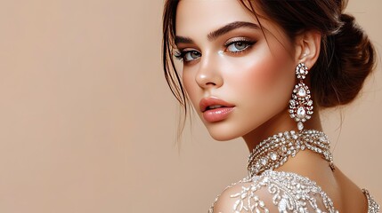 A beauty model in a wedding jewelry set, highlighting her necklace and earrings, perfect eyeliner, and smooth skin against a beige background