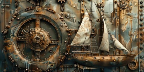 Fototapeta premium Steampunk sailboat sailing on a rusty, metallic sea.