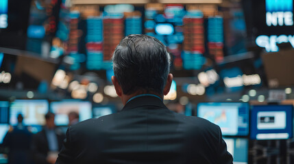Financial professional standing in front of large screens, watching stock market activity during opening bell.