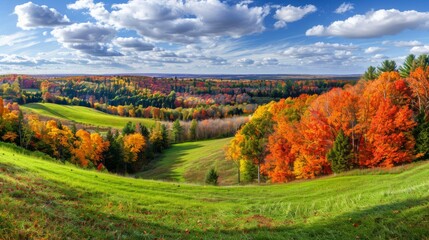 A stunning autumn landscape features rolling hills, lush green grass, and vibrant trees in shades of orange, yellow, and red under a partly cloudy sky.