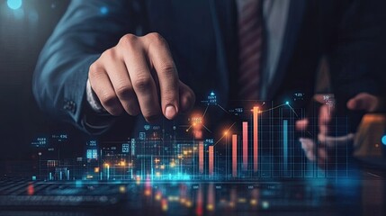 A businessman with a digital growth chart for 2025, focusing on strategic planning and setting business goals.