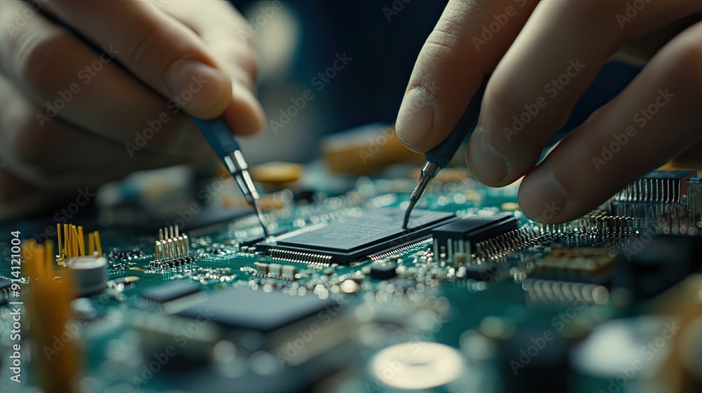 Poster a close-up of a technician installing a cpu on a motherboard, emphasizing the careful work involved 