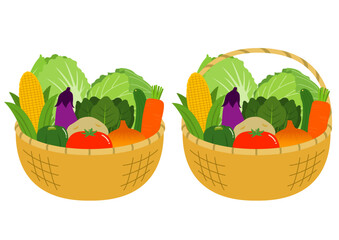 野菜の入った大きな籠のイラストのセット
