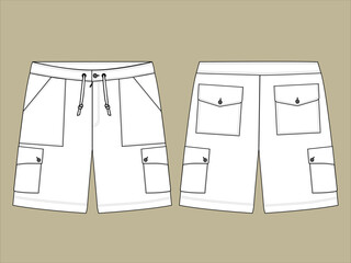 Boys cargo shorts pant drawstring on the waistband flat sketch outline victor illustration template.