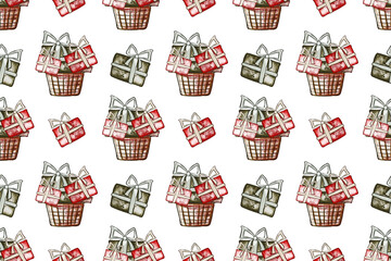 Christmas seamless pattern with gift boxes, balls and christmas tree. Hand drawn illustration in sketch style. Template for wrapping paper and textile.