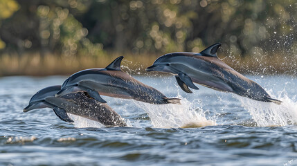 Three dolphins joyfully jumping in unison out of the water against a clear blue sky.