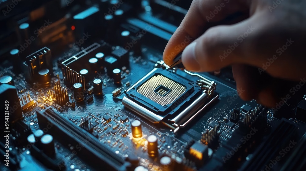 Aufkleber a computer technician aligning a cpu with the socket on a motherboard, showcasing the intricacies of