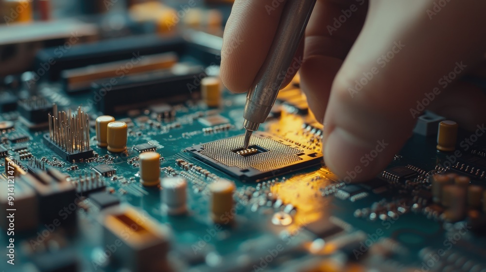Aufkleber a computer technician aligning a cpu with the socket on a motherboard, showcasing the intricacies of