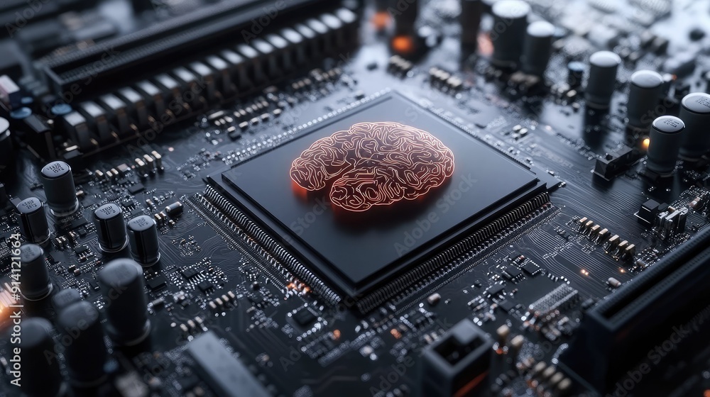 Poster a concept motherboard with a brain-like design, featuring a powerful chipset and support for 12th co