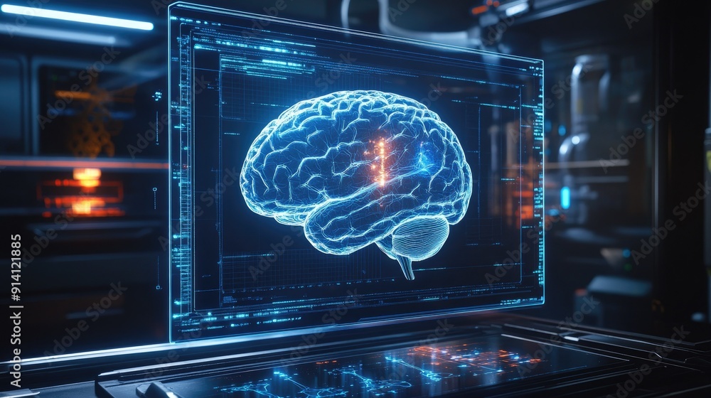 Poster a digital hologram displaying a 3d model of the human brain, with ai-generated data points indicatin
