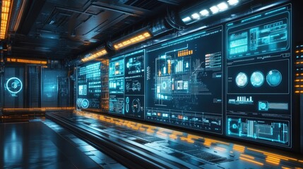 Obraz premium A digital dashboard monitoring a smart factory's automated systems, with icon graphics representing data flow and control.