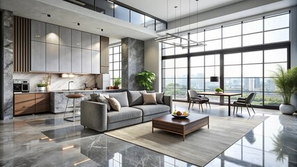 Fototapeta premium Modern minimalist loft-style apartment rental with floor-to-ceiling windows, grey marble tiles, and laconic gray-white tones, blending comfort and simplicity in an urban oasis setting.