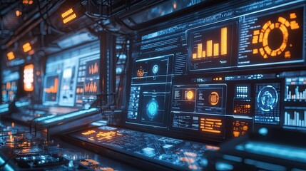 Obraz premium A digital dashboard monitoring a smart factory's automated systems, with icon graphics representing data flow and control.