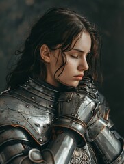 A young woman knight in armor. Women's power. Medieval chivalry. Crusader femaleA young woman knight in armor. Women's power. Medieval chivalry. Crusader female