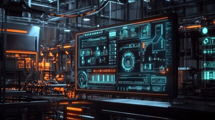 Fototapeta premium A digital interface displaying smart factory operations with automation icons, highlighting Industry 4.0 technologies.
