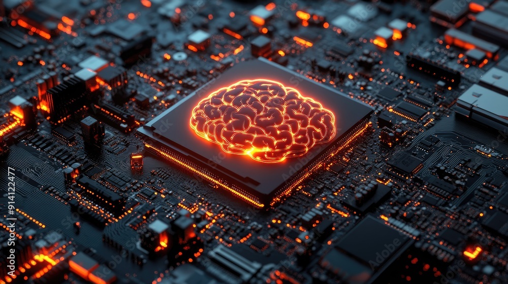 Poster a digital rendering of a motherboard resembling a brain, emphasizing advanced technology and ai capa