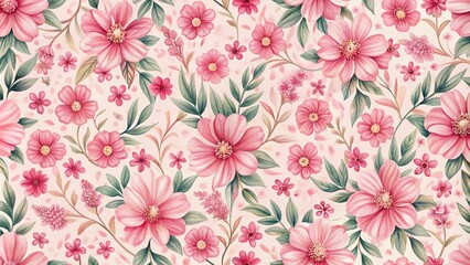 Delicate pink flowers arranged in a seamless repeating pattern, forming a whimsical and elegant design, perfect for fabric, wallpaper, or digital design backgrounds.