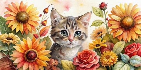 Whimsical hand-drawn watercolor illustration of a curious kitten surrounded by vibrant autumn flowers, including roses and sunflowers, in a warm and cozy artistic composition.