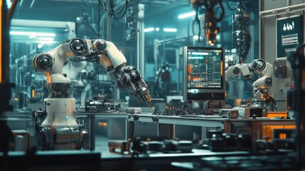 A futuristic factory setup with robots and smart devices, connected through an internet network, exemplifying Industry 4.0.