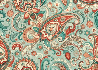 Intricate paisley motifs in shades of turquoise, coral, and cream swirl together forming a lush, whimsical seamless pattern perfect for textiles, wallpapers, or digital designs.