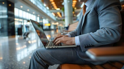 Businessman Working on Laptop at Airport Terminal Workspace