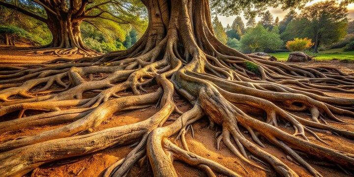 Weathered and cracked dry roots of an ancient tree sprawl across the earthy ground, revealing intricate patterns and textures of nature's timeless beauty.