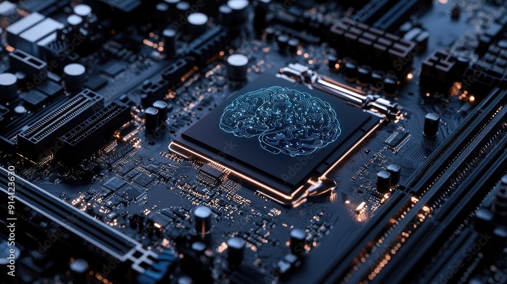 Poster a futuristic motherboard with a brain design, supporting 12th core processors and emphasizing ai tec